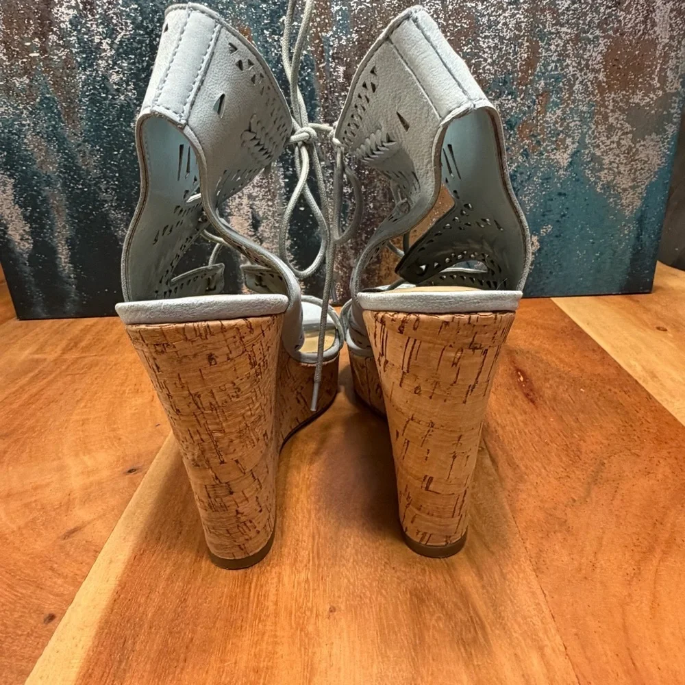 Marc Fisher Boho Chic Leather Lace-Up Cork Wedge Sandals – Light Blue (EUC)